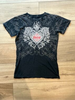 Sinful Black Tee with Grey Heart and Red Rose Accents
